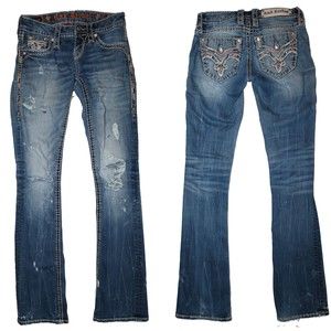 Rock Revival Jeans Klandi Bootcut SZ 24 Distressed Embellished Pocket